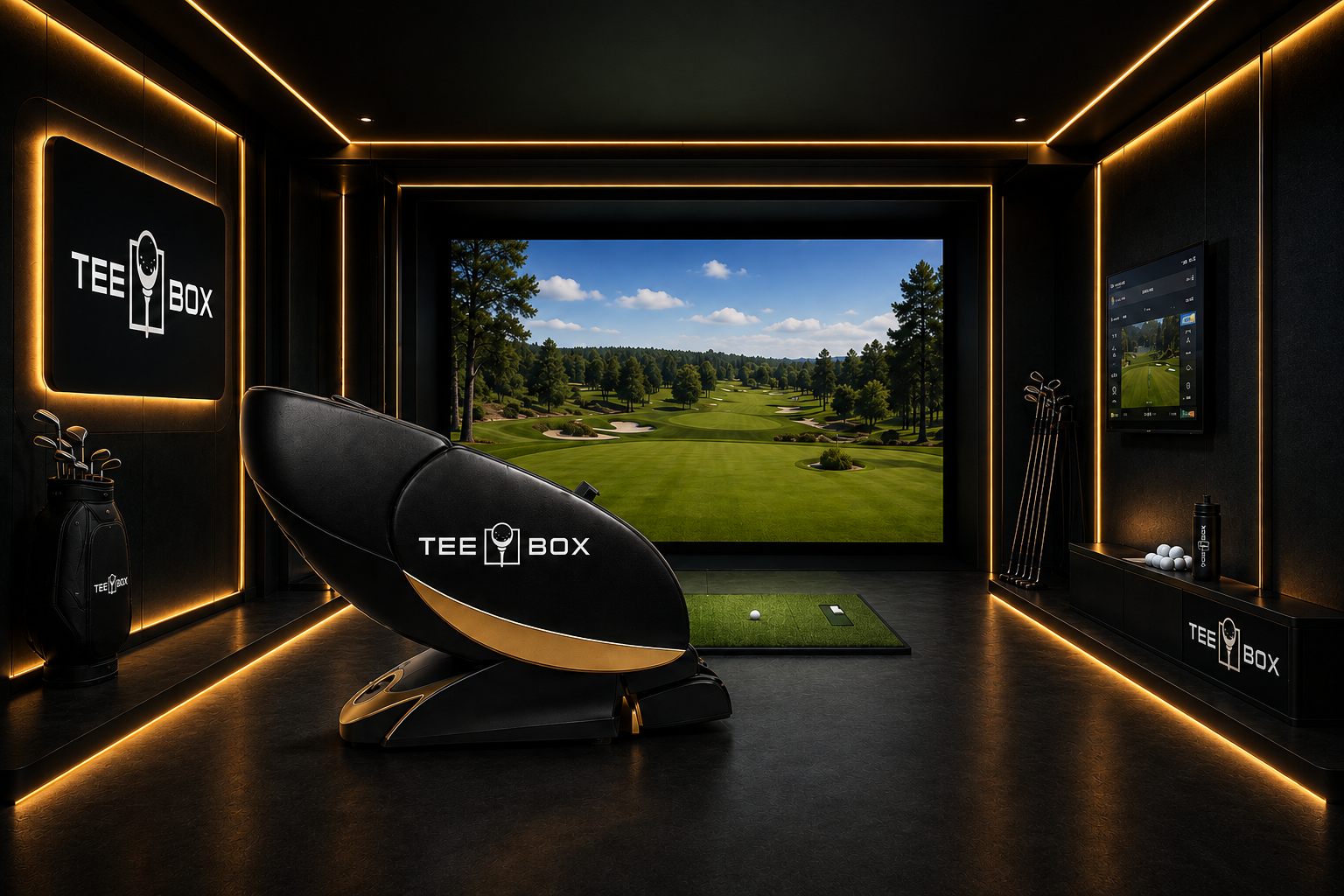 Tee Box recovery suite with massage chair, golf simulator, and warm gold ambient lighting