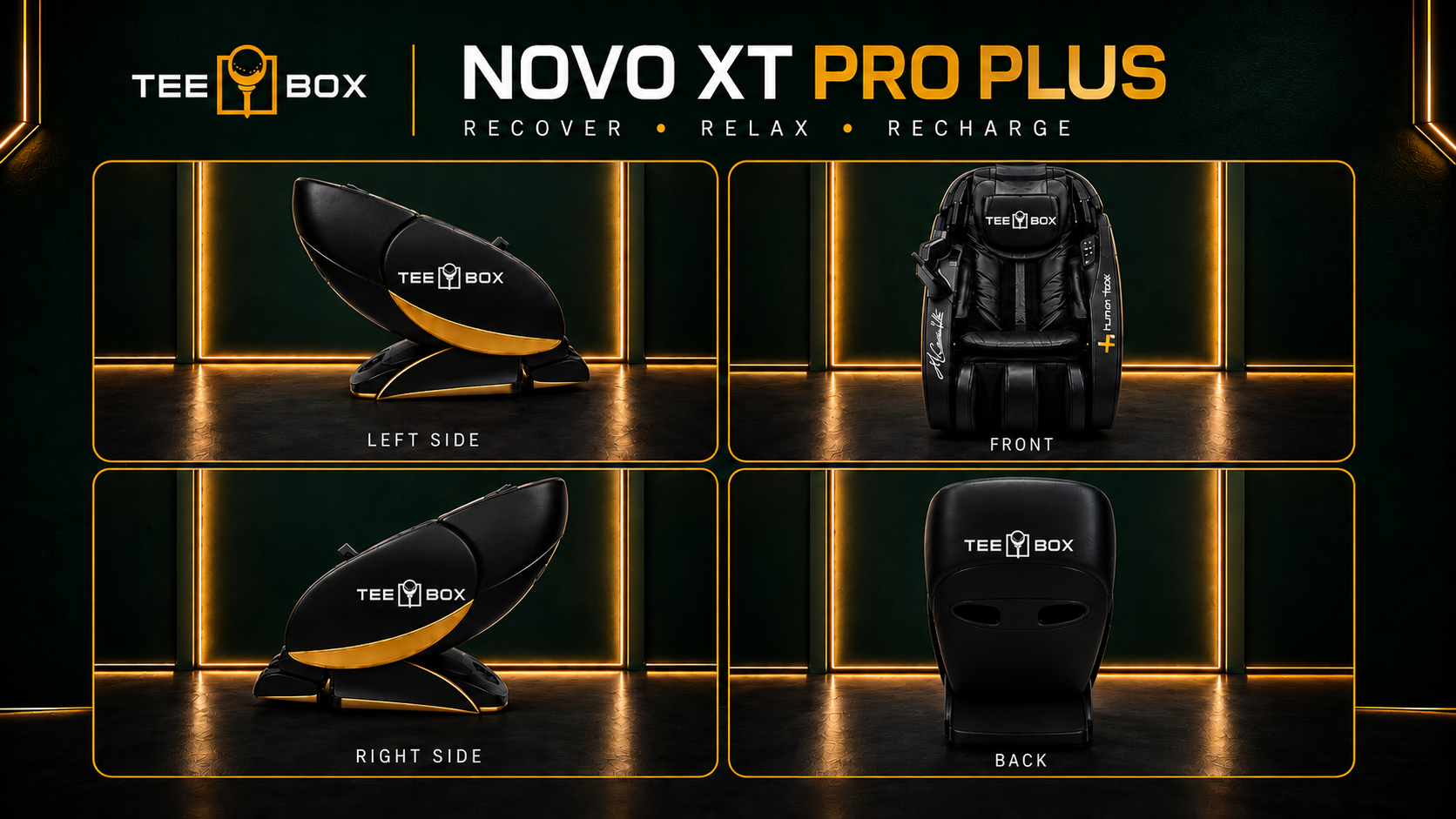Tee Box Novo XT Pro Plus massage chair — branded composite with left side, front, right side, and back views